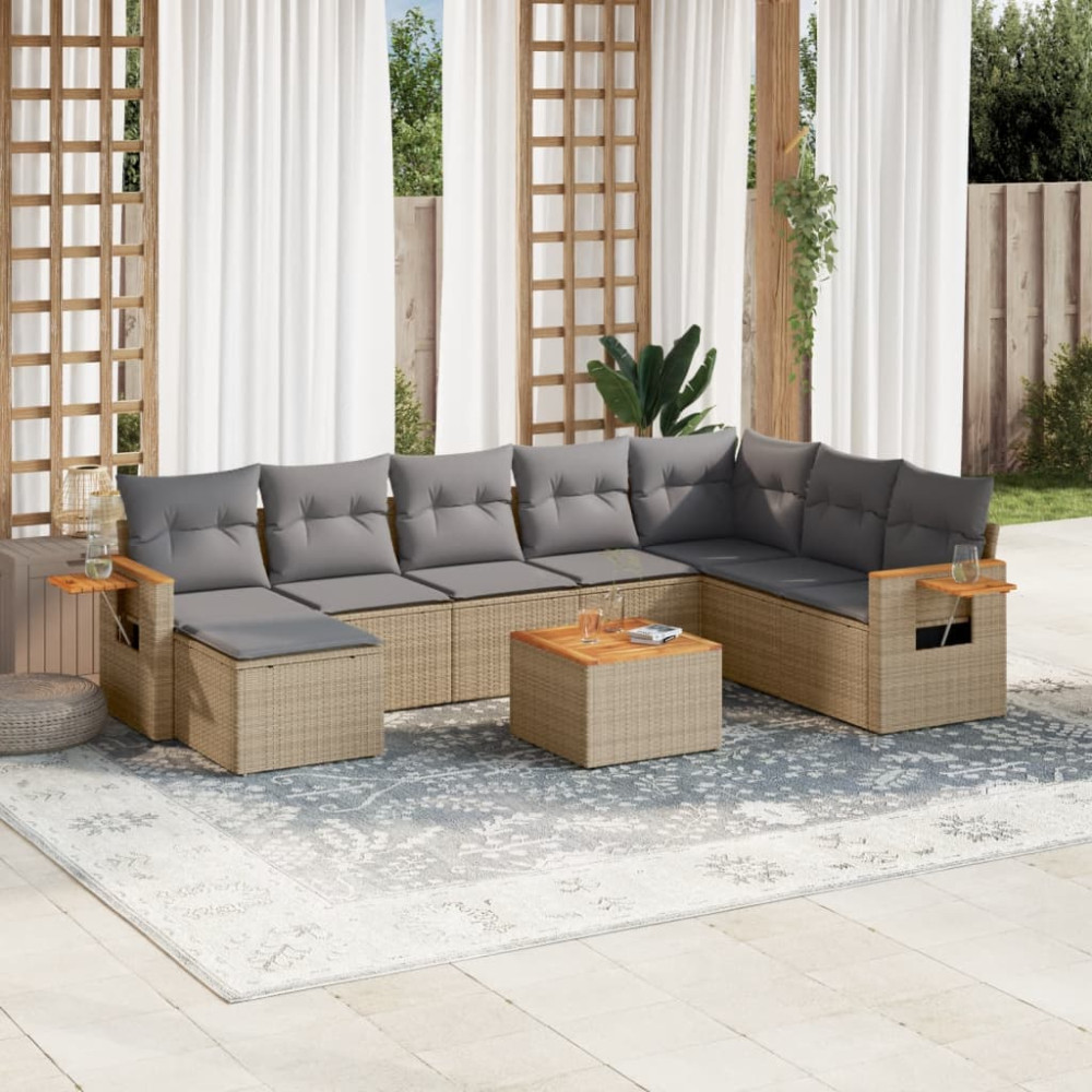 Produktbild för Soffgrupp för trädgården med dynor 9 delar beige konstrotting