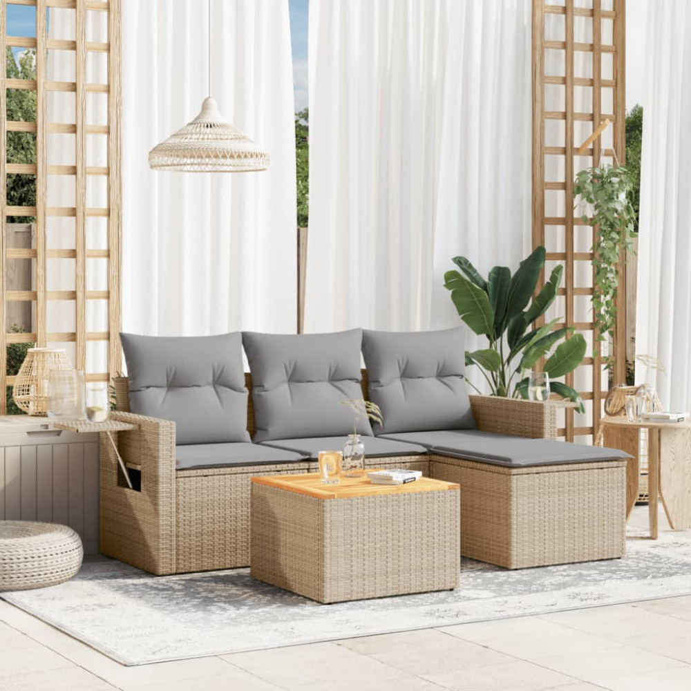 Produktbild för Soffgrupp för trädgården med dynor 5 delar beige konstrotting