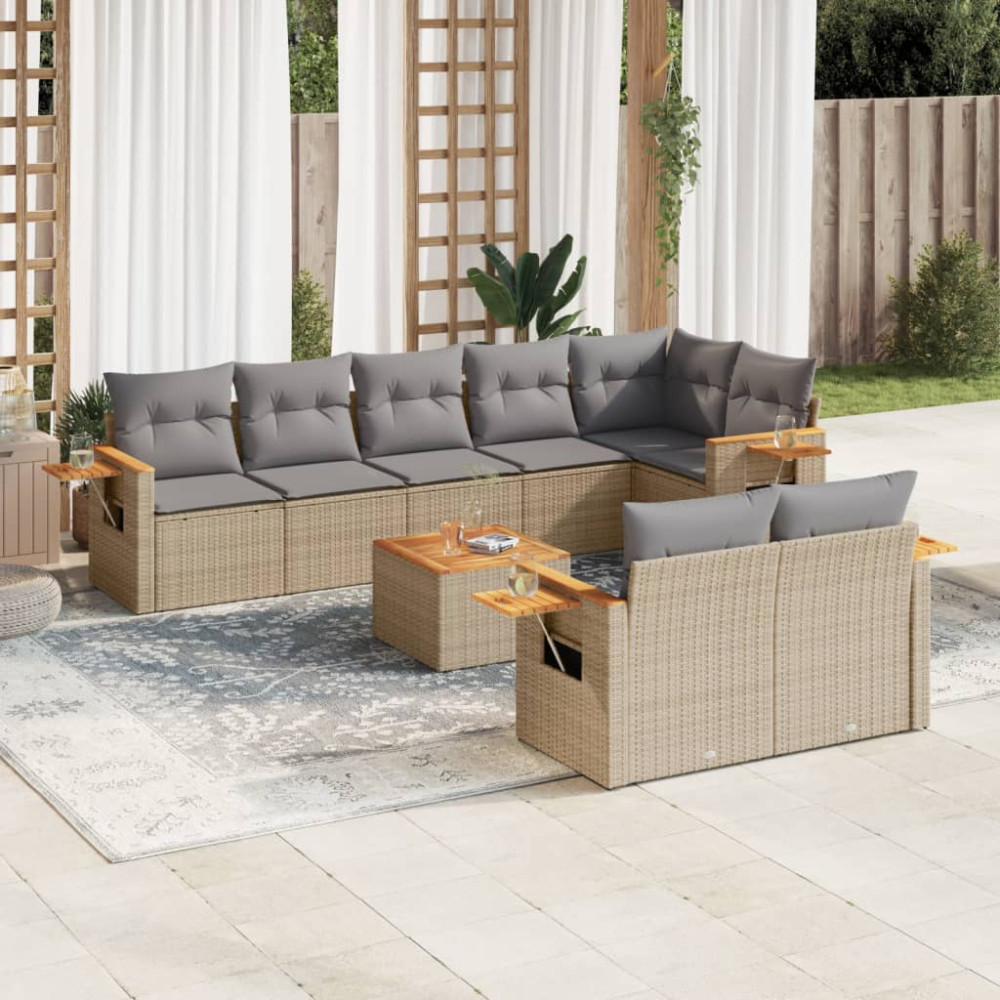 Produktbild för Soffgrupp för trädgården med dynor 9 delar beige konstrotting