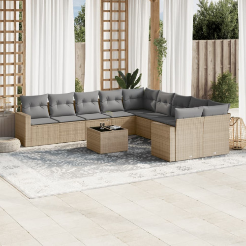 vidaXL Loungegrupp för trädgården m. dynor 11 delar beige konstrotting