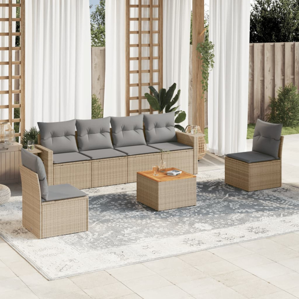 Produktbild för Matgrupp för trädgården med dynor 7 delar beige konstrotting