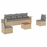 Produktbild för Matgrupp för trädgården med dynor 7 delar beige konstrotting