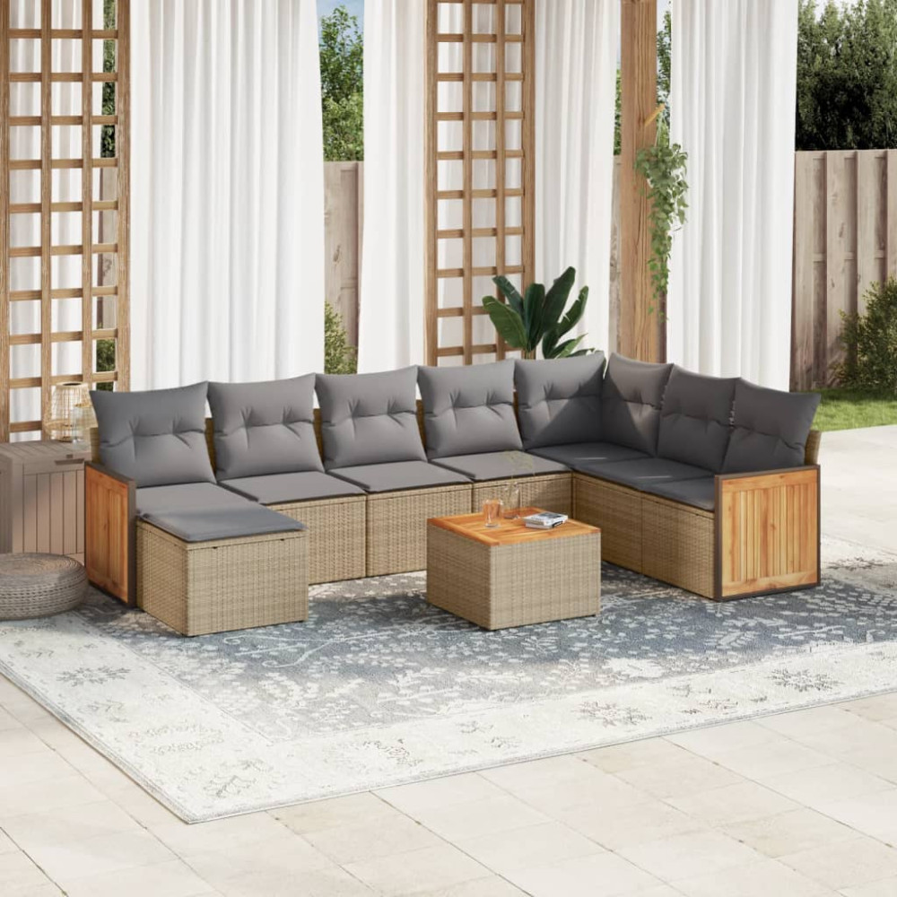 Produktbild för Soffgrupp för trädgården med dynor 9 delar beige konstrotting