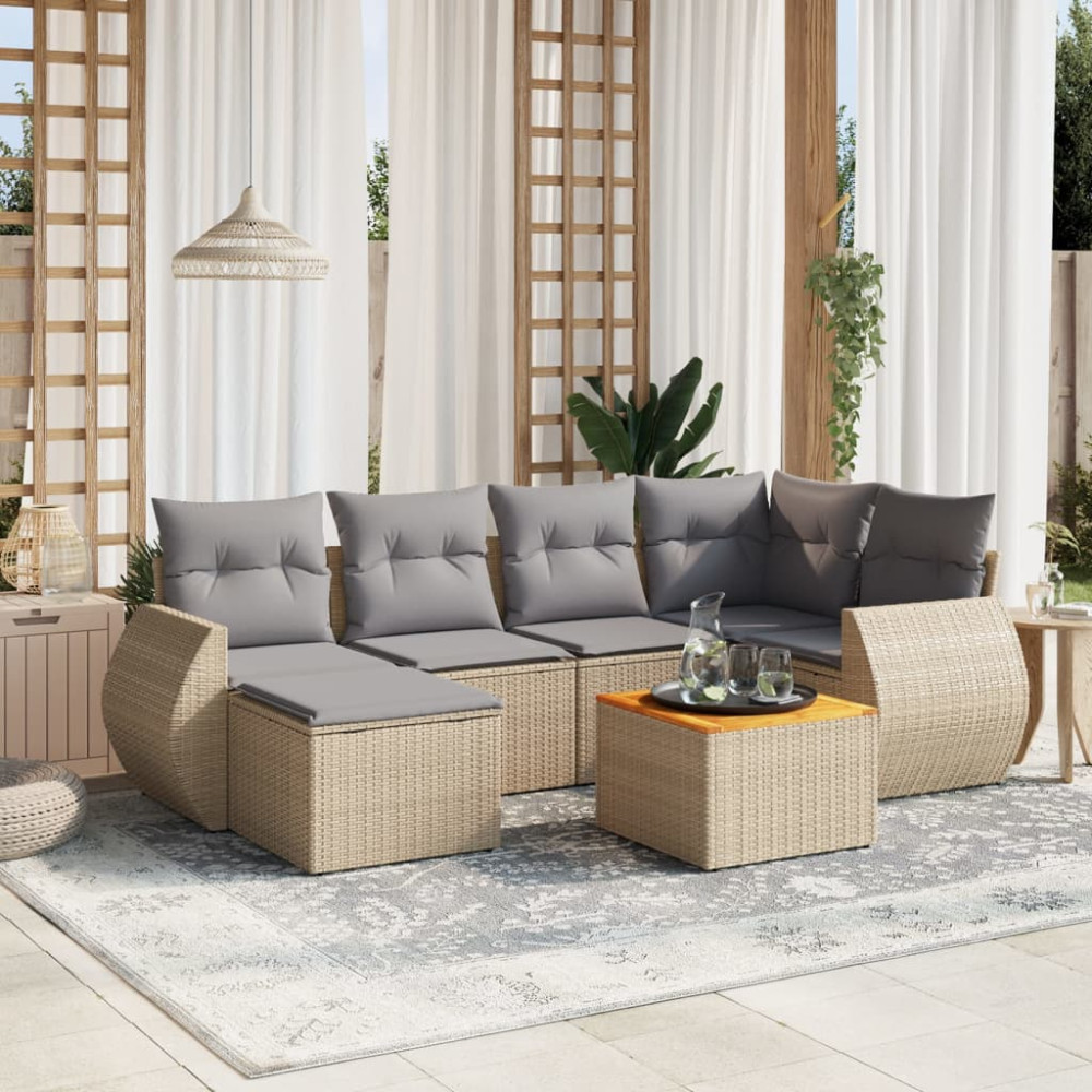 Produktbild för Matgrupp för trädgården med dynor 7 delar beige konstrotting