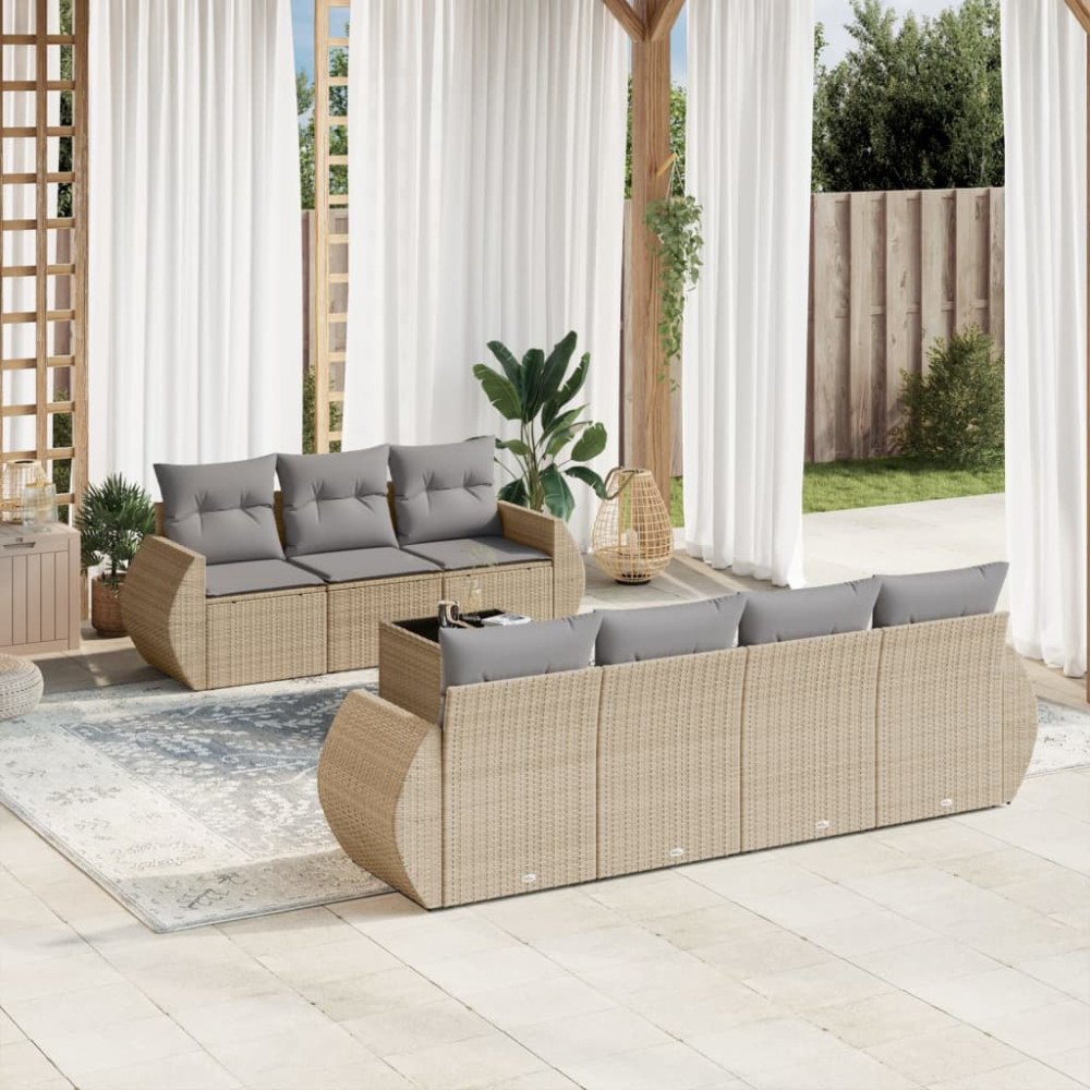 Produktbild för Matgrupp för trädgården med dynor 8 delar beige konstrotting