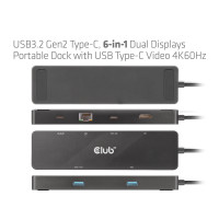 Produktbild för CLUB3D USB3.2 Gen2 Type-C, 6-in-1 Dual Displays Portable Dock with USB Type-C Video 4K60Hz