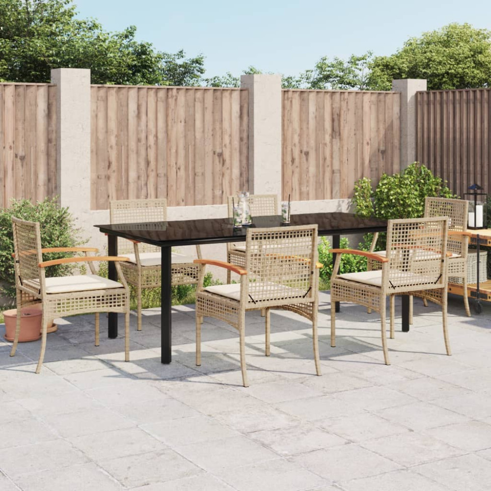 Produktbild för Matgrupp för trädgården med dynor 7 delar beige konstrotting