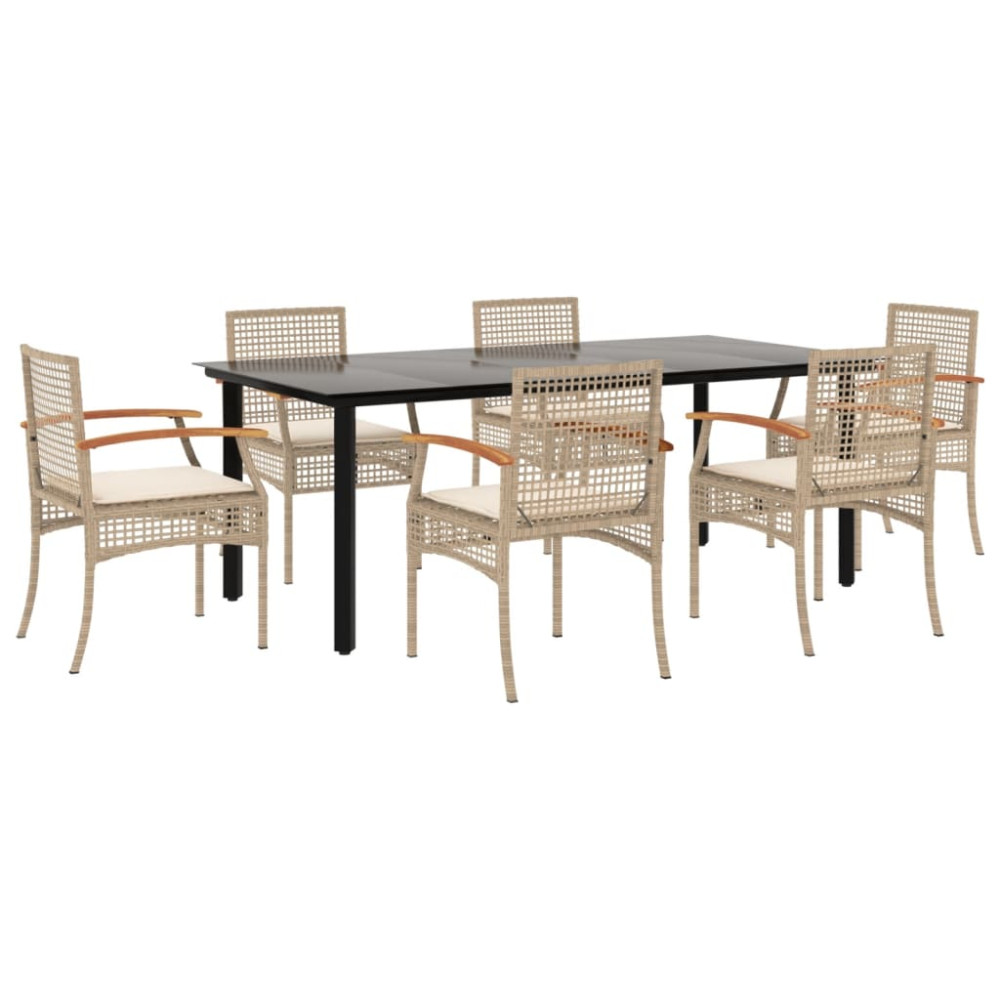 Produktbild för Matgrupp för trädgården med dynor 7 delar beige konstrotting
