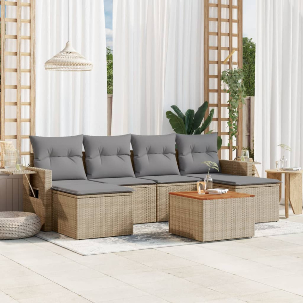 Produktbild för Matgrupp för trädgården med dynor 7 delar beige konstrotting