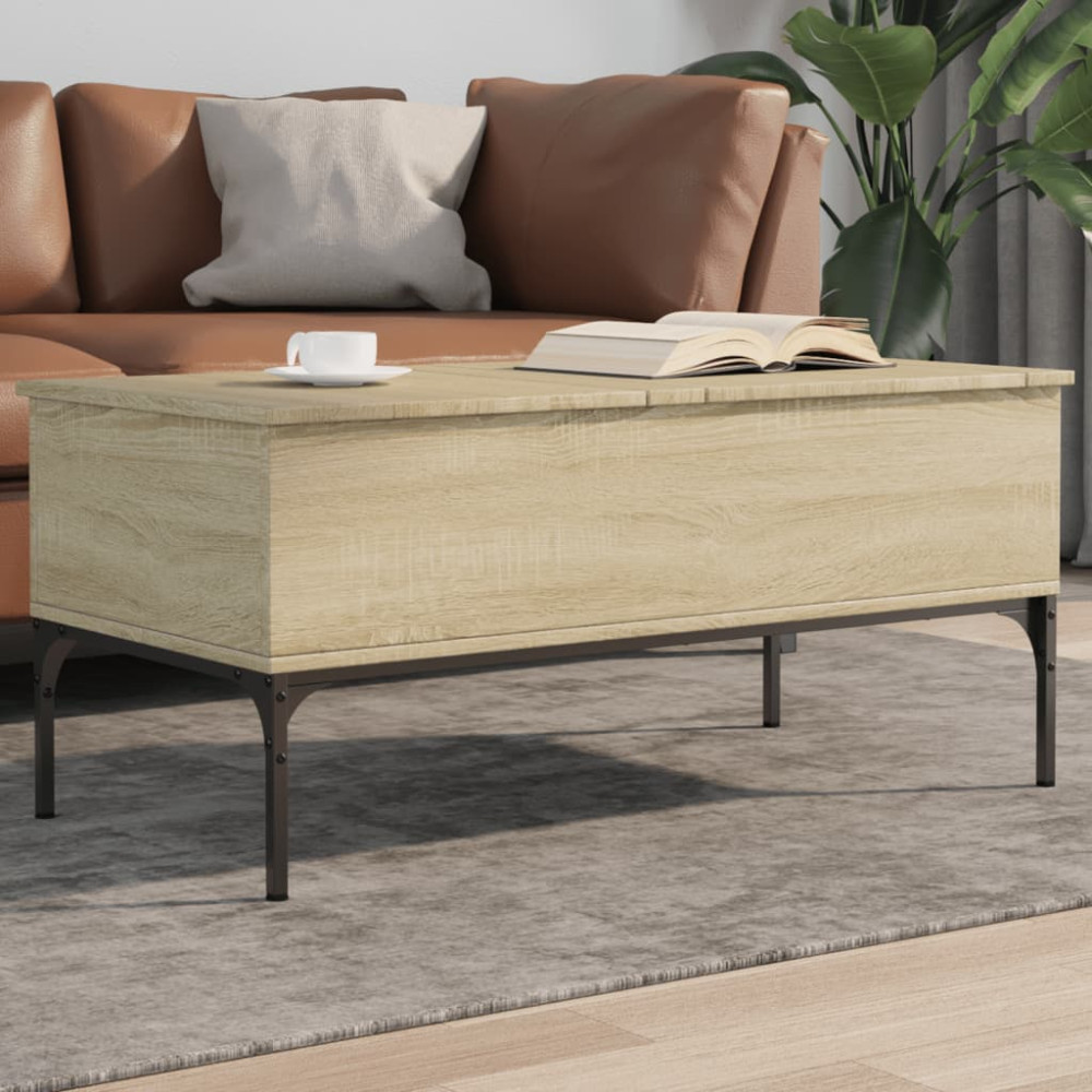 Produktbild för Soffbord sonoma-ek 100x50x45 cm konstruerat trä och metall