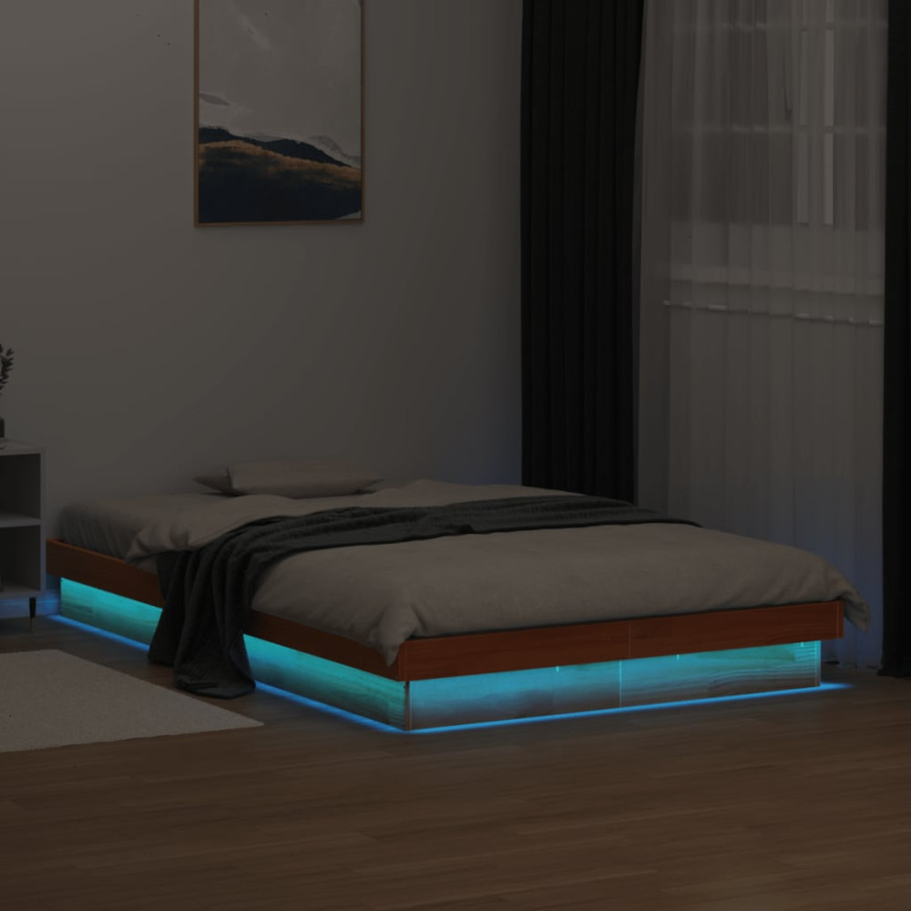 Produktbild för Sängram med LED vaxad brun 140x200 cm massiv furu