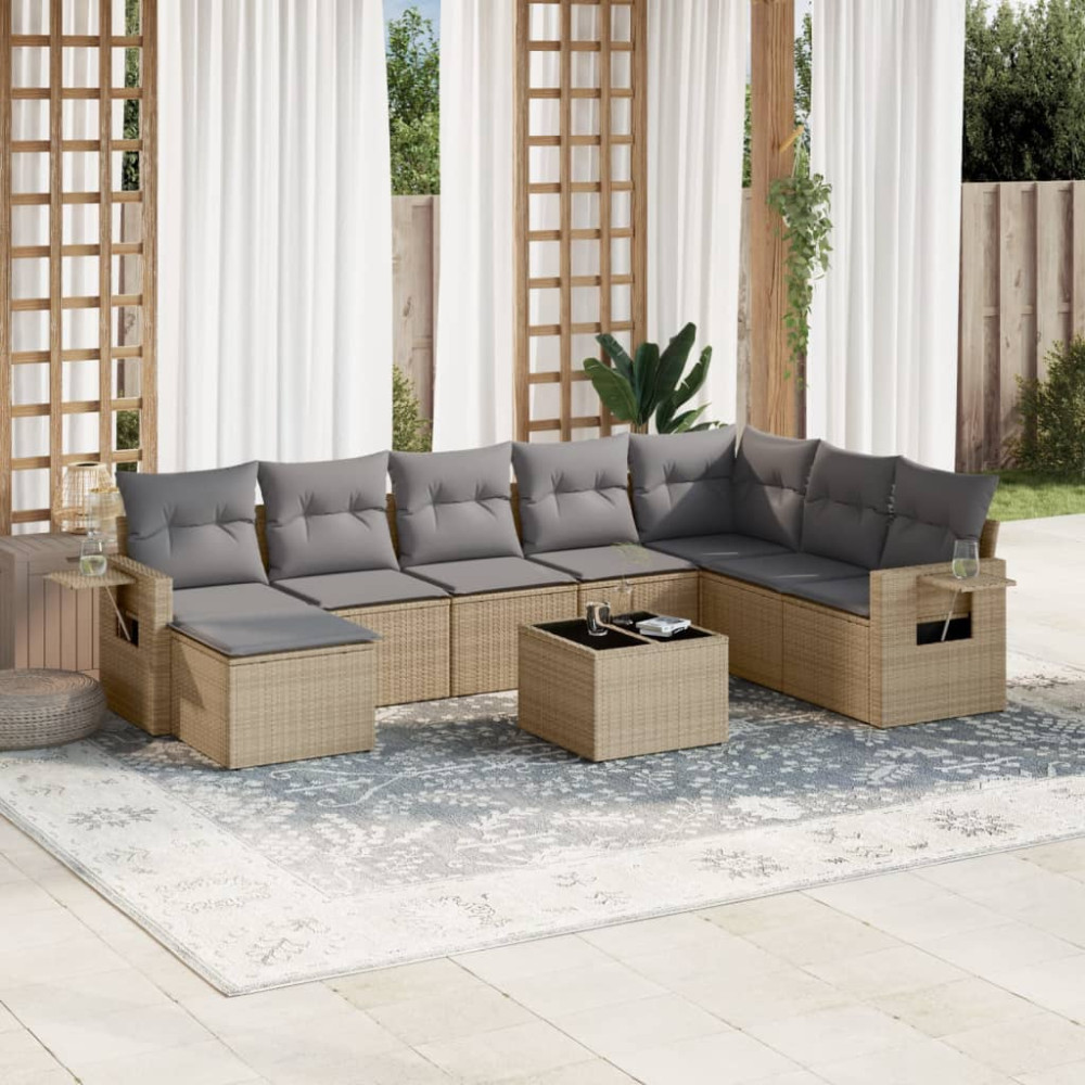 Produktbild för Soffgrupp för trädgården med dynor 9 delar beige konstrotting
