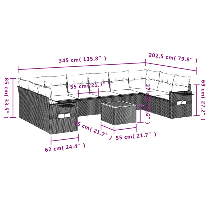 Produktbild för Loungegrupp för trädgården m. dynor 11 delar konstrotting svart
