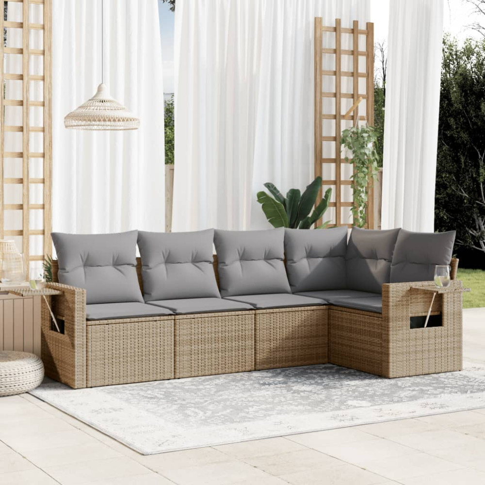 Produktbild för Soffgrupp för trädgården med dynor 5 delar beige konstrotting