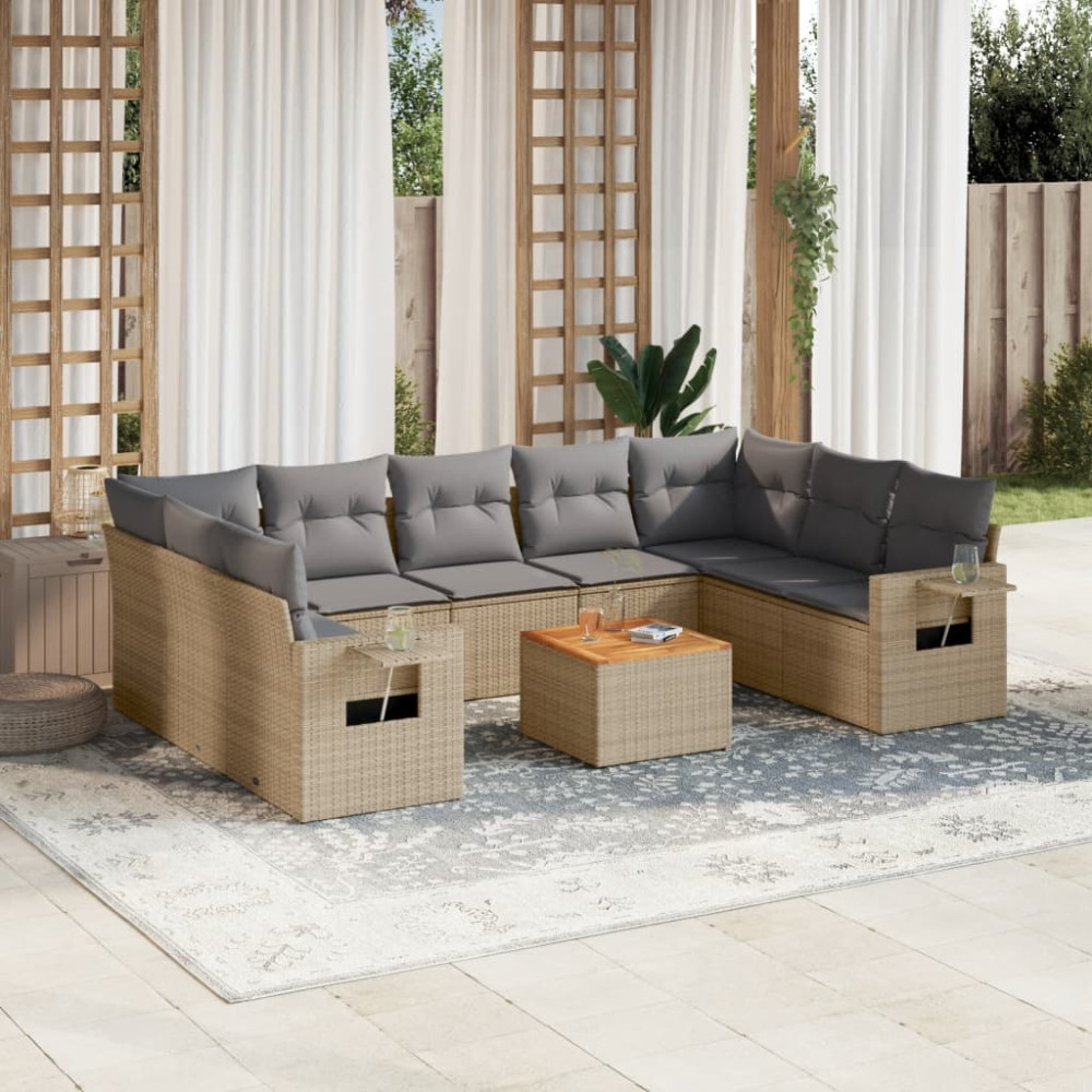 Produktbild för Soffgrupp för trädgård med dynor 10 delar beige konstrotting