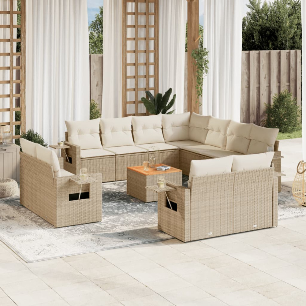 Produktbild för Soffgrupp för trädgården 12 delar med dynor beige konstrotting