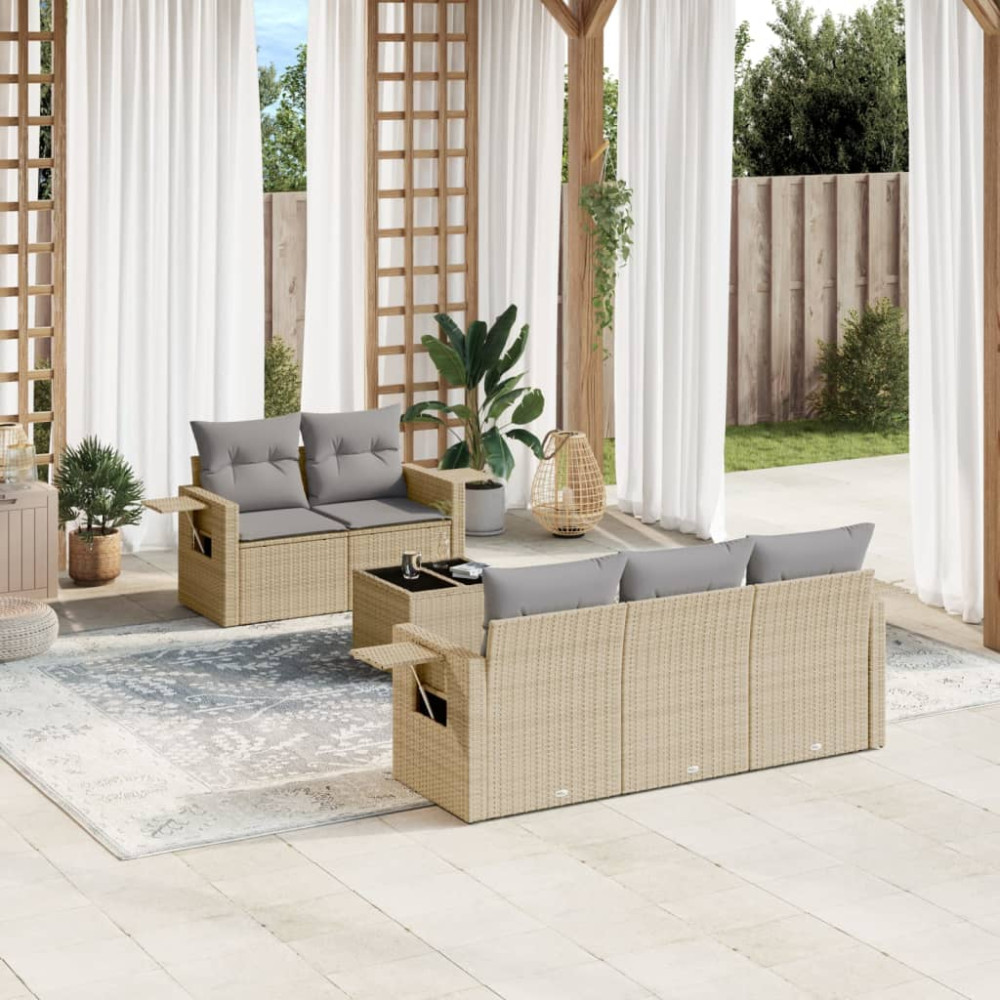 Produktbild för Soffgrupp för trädgården med dynor 6 delar beige konstrotting