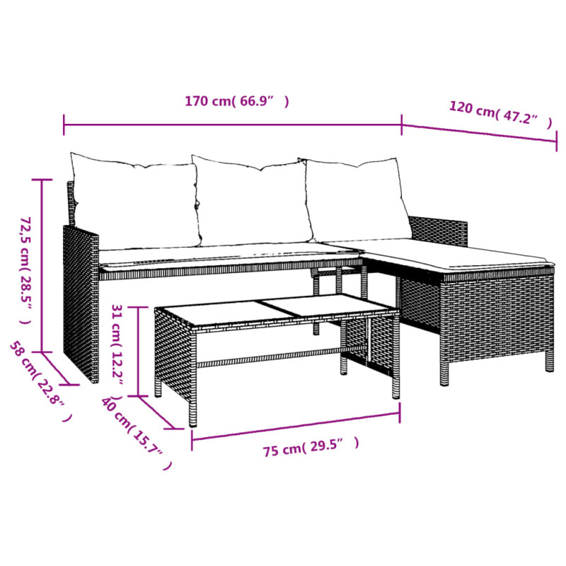 Produktbild för Trädgårdssoffa med bord och dynor L-formad svart konstrotting