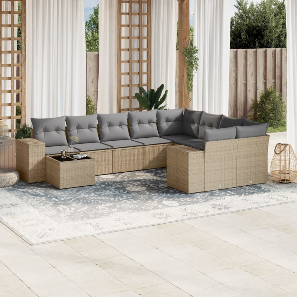 Produktbild för Soffgrupp för trädgård med dynor 10 delar beige konstrotting