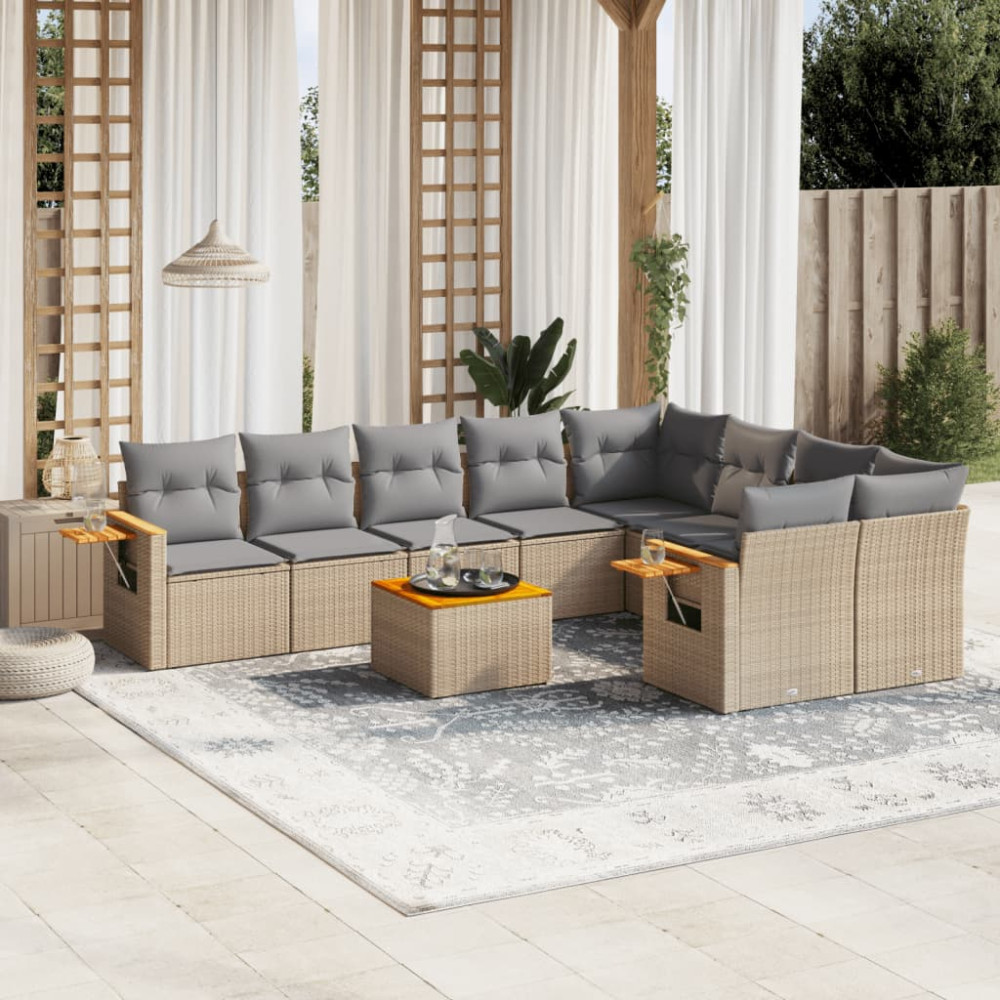 Produktbild för Soffgrupp för trädgård med dynor 10 delar beige konstrotting