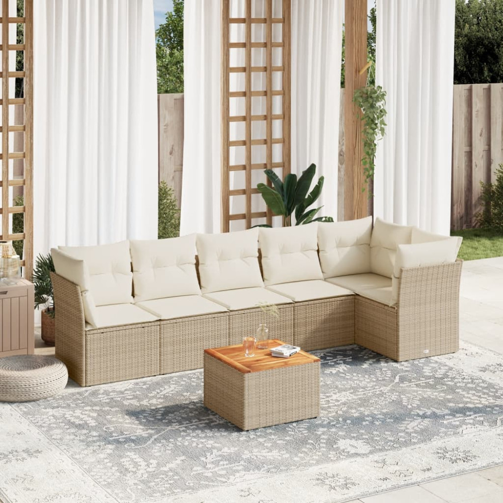 Produktbild för Matgrupp för trädgården med dynor 7 delar beige konstrotting