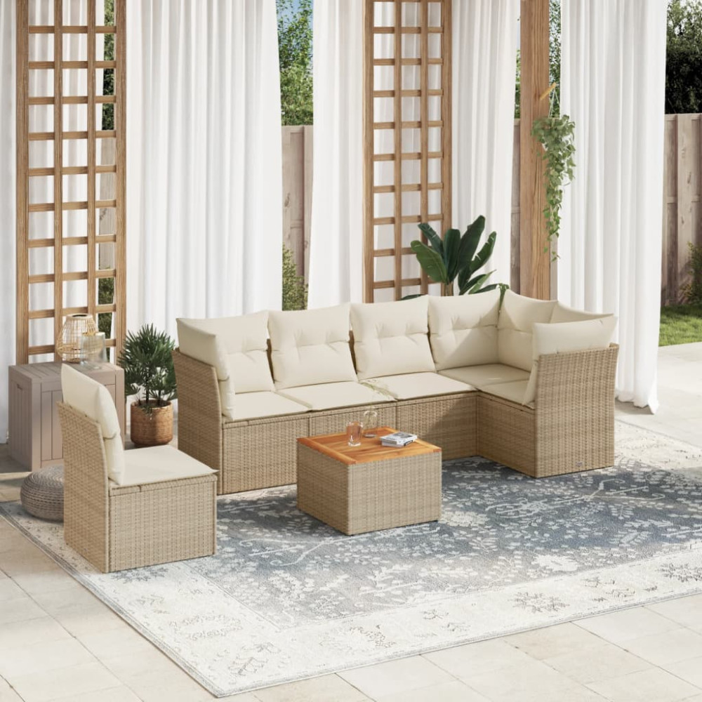 Produktbild för Matgrupp för trädgården med dynor 7 delar beige konstrotting