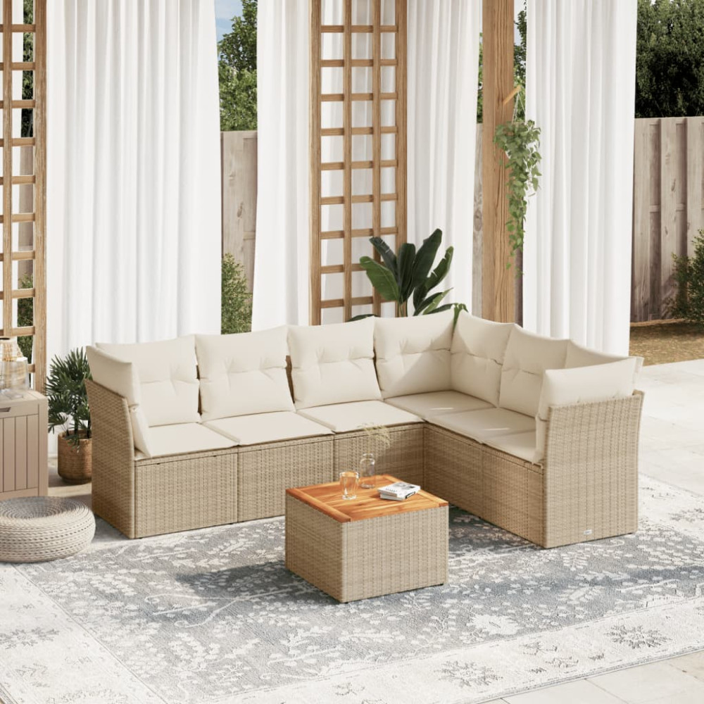 Produktbild för Matgrupp för trädgården med dynor 7 delar beige konstrotting