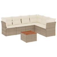 Produktbild för Matgrupp för trädgården med dynor 7 delar beige konstrotting