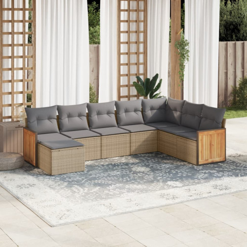 vidaXL Matgrupp för trädgården med dynor 8 delar beige konstrotting