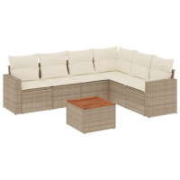 Produktbild för Matgrupp för trädgården med dynor 7 delar beige konstrotting
