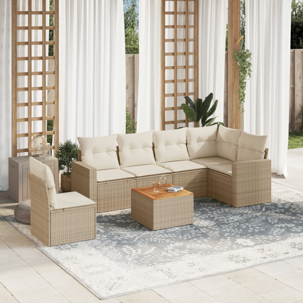 Produktbild för Matgrupp för trädgården med dynor 7 delar beige konstrotting