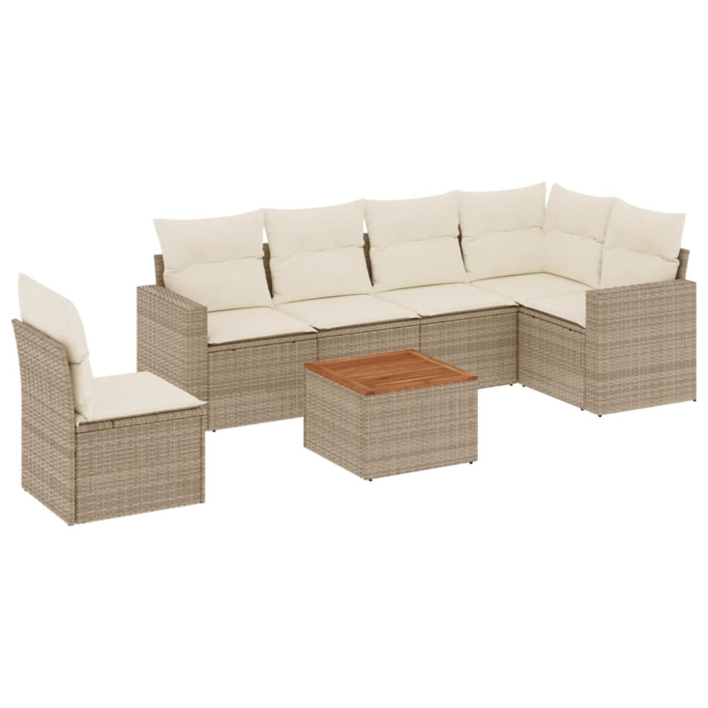 Produktbild för Matgrupp för trädgården med dynor 7 delar beige konstrotting