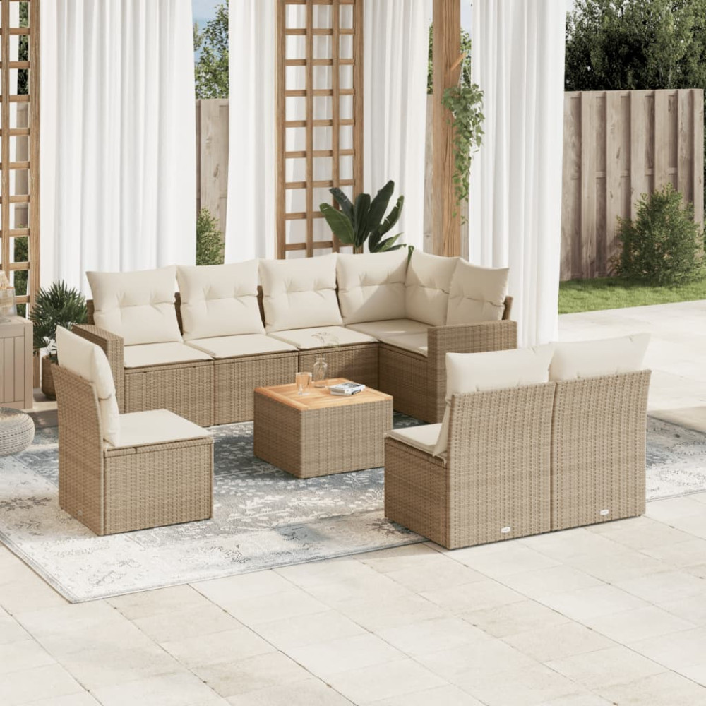 Produktbild för Soffgrupp för trädgården med dynor 9 delar beige konstrotting