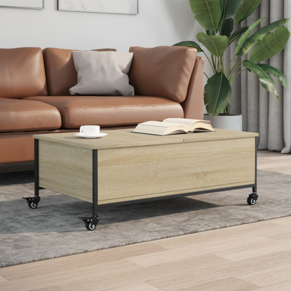 Produktbild för Soffbord på hjul sonoma-ek 91x55x34 cm konstruerat trä