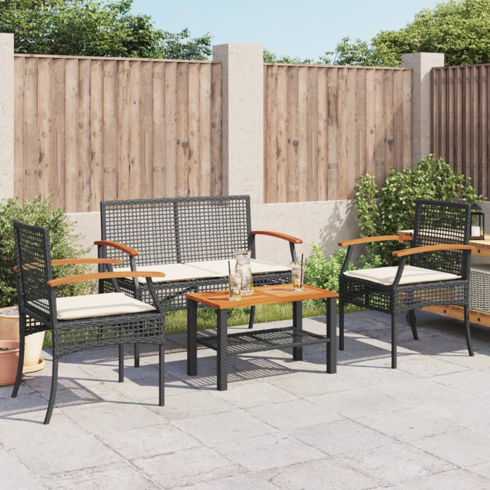 Produktbild för Loungegrupp för trädgården med dynor 4 delar svart konstrotting