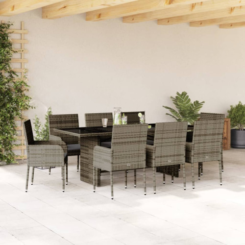vidaXL Matgrupp för trädgården med dynor 9 delar grå konstrotting
