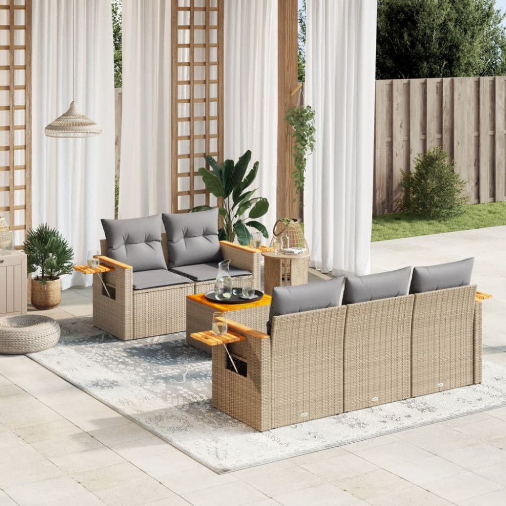 Produktbild för Soffgrupp för trädgården med dynor 6 delar beige konstrotting