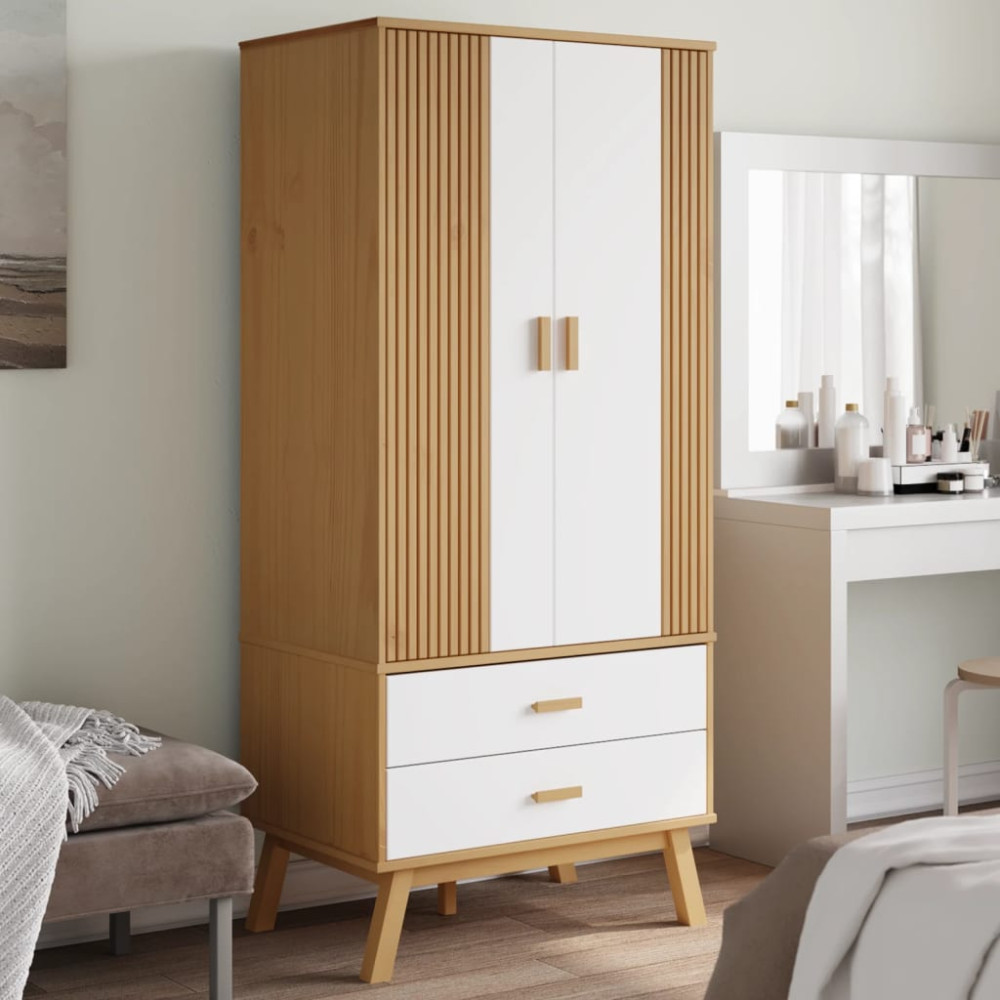 Produktbild för Garderob OLDEN vit och brun 76,5x53x172 cm massiv furu