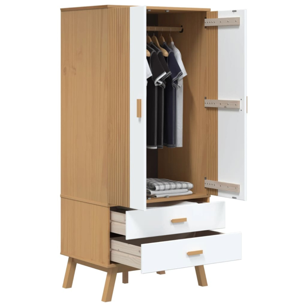 Produktbild för Garderob OLDEN vit och brun 76,5x53x172 cm massiv furu