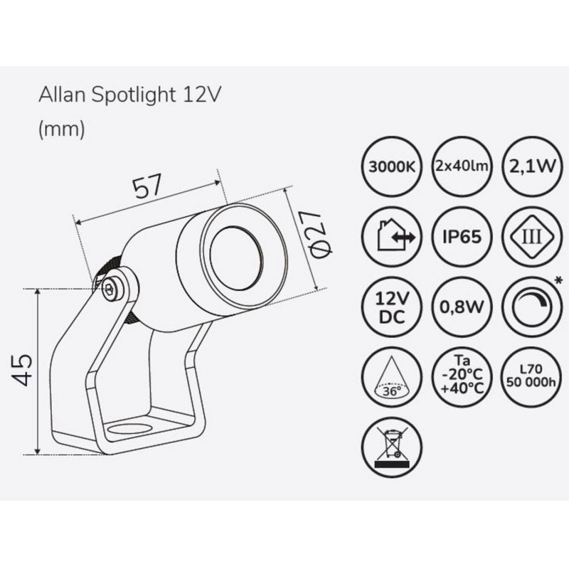 Produktbild för Allan Spotlight 1-pack 12V 3000K 10lm IP67