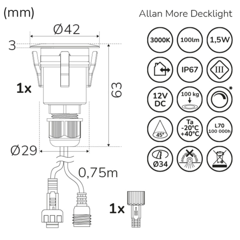 Produktbild för Allan More Decklight 1-pack 12V 3000K 100lm IP67