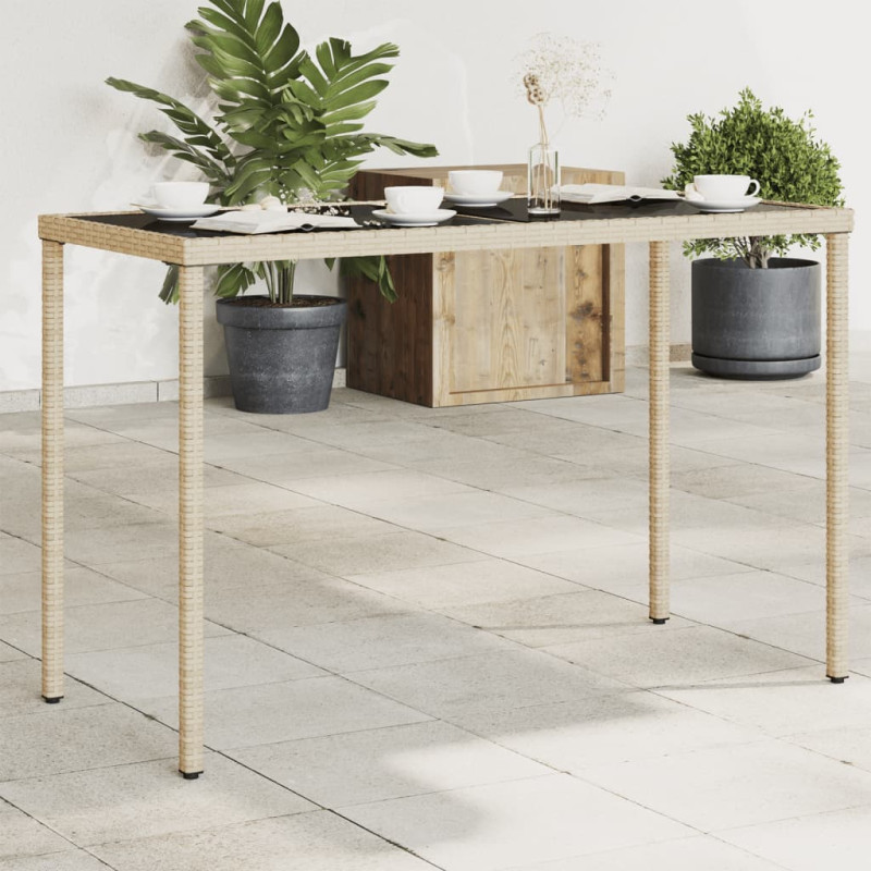 Produktbild för Trädgårdsbord med glasskiva beige 115x54x74 cm konstrotting