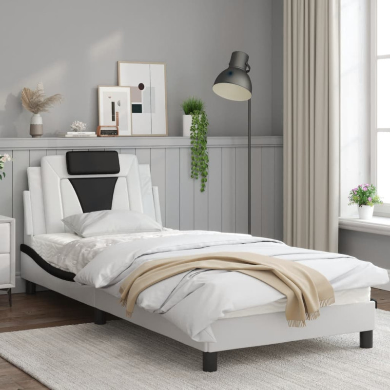 Produktbild för Sängram med huvudgavel vit och svart 90x200 cm konstläder