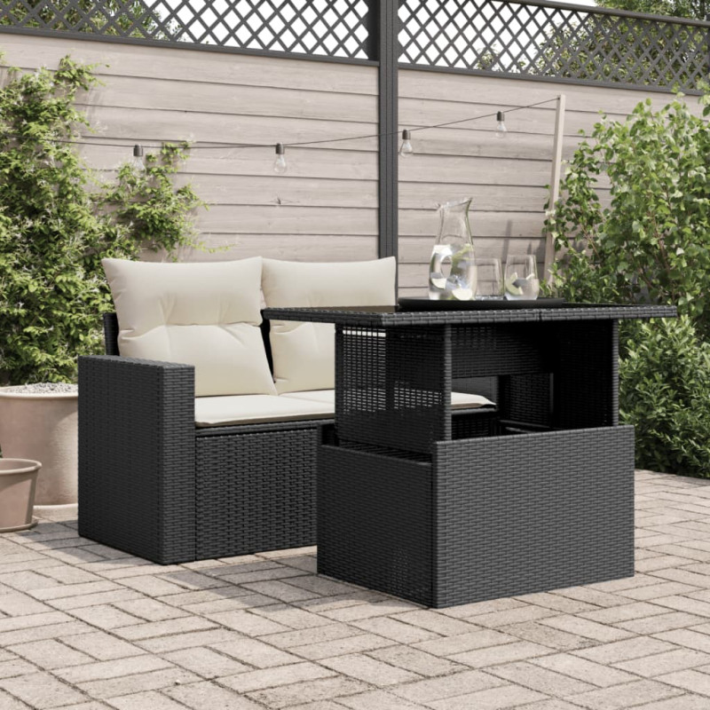 Produktbild för Trädgårdsbord med glasskiva svart 100x55x73 cm konstrotting