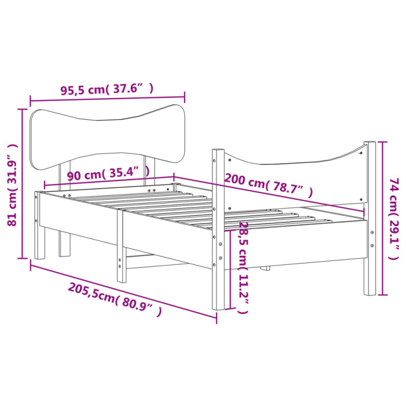 Produktbild för Sängram med huvudgavel 90x200 cm massiv furu