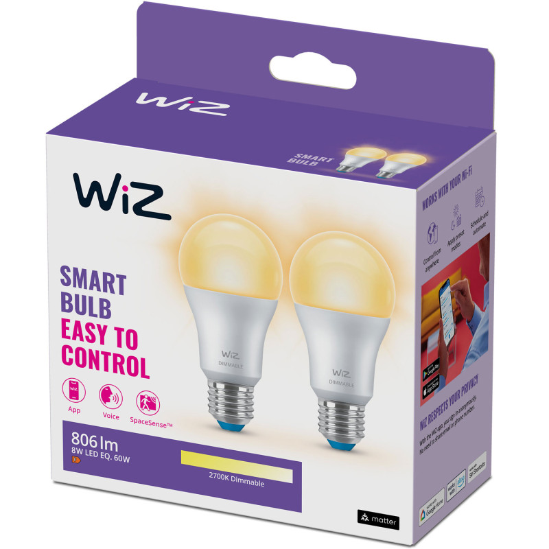 Produktbild för WiFi Smart LED E27 Normal 60W 806lm Dimbar varmvit 2-pack