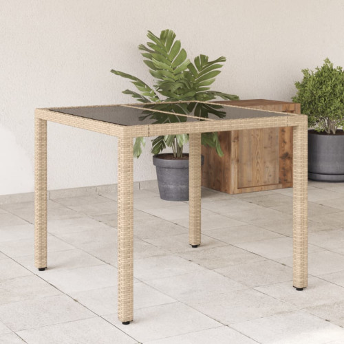 vidaXL Trädgårdsbord med glasskiva beige 90x90x75 cm konstrotting