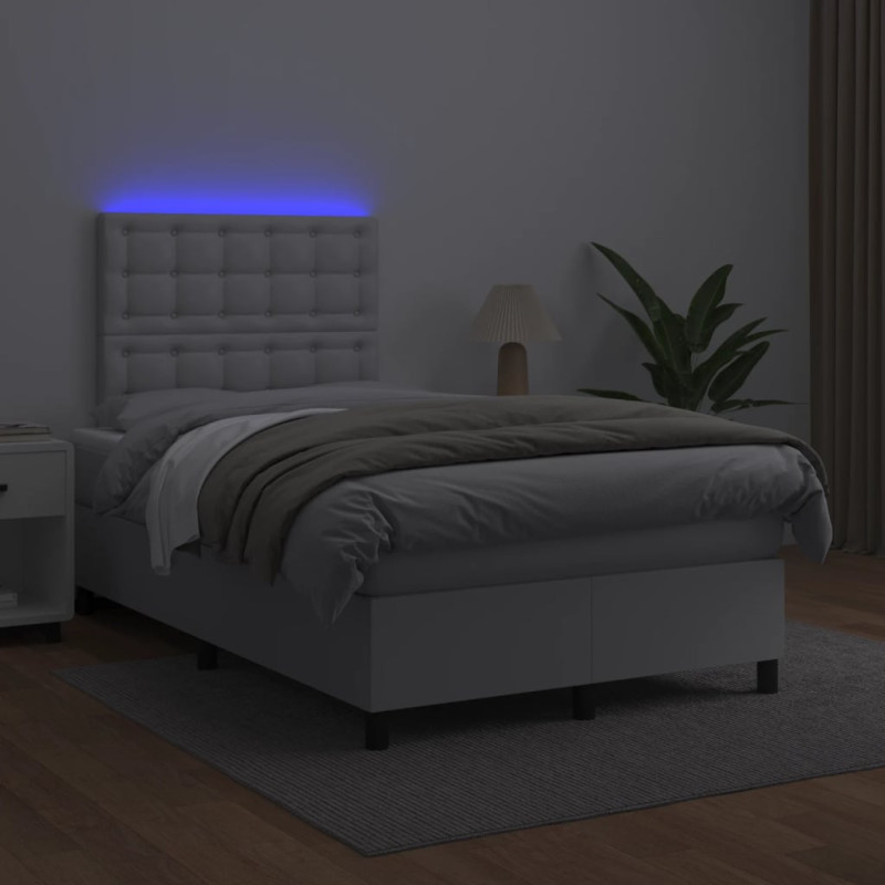 Produktbild för Ramsäng med madrass & LED vit 120x190 cm konstläder