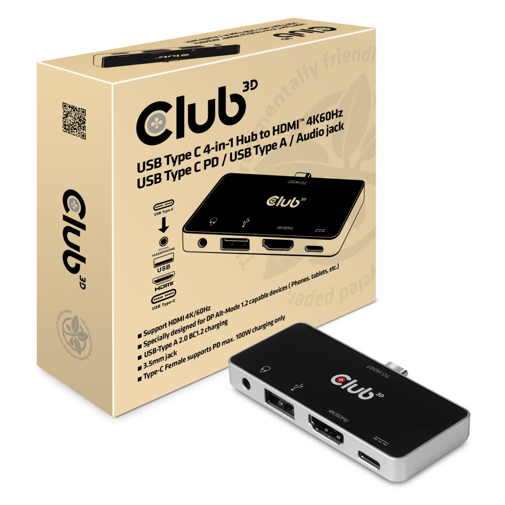 Produktbild för Club 3D USB Type C 4-in-1 Hub - dockningsstation - USB-C - HDMI