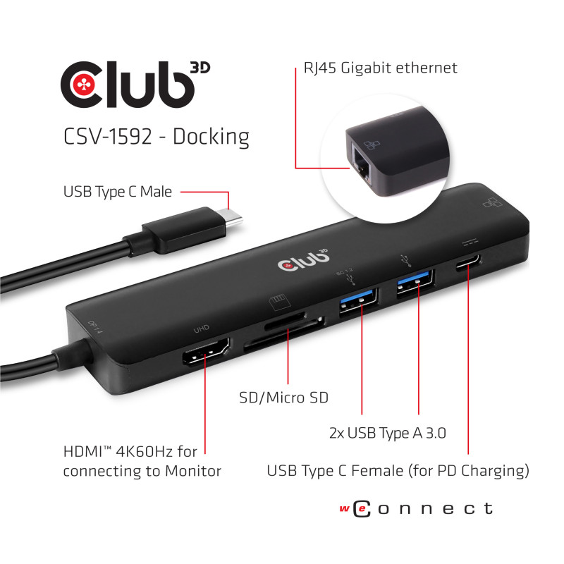 Produktbild för CLUB3D CSV-1592 dockningsstationer för bärbara datorer Dockning USB 3.2 Gen 1 (3.1 Gen 1) Type-C Svart